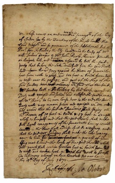 Robert Hooke Autograph Document Signed -- Extraordinarily Rare Document by ''England's Leonardo'' & Perhaps the Only Hooke Signed Document Regarding the Great Fire of London